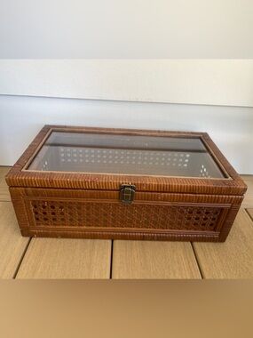 Hand-Woven Rattan and Cane Box with Glass Top Lid